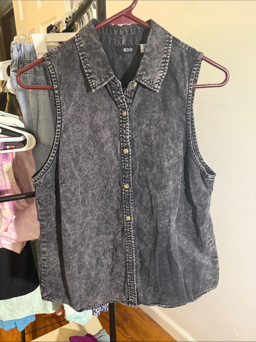 BDG Washed Black Sleeveless Button-Down cotton Denim style Top
